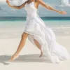2020 Praia do vestido de casamento ver através Robe De Mariee Dividir Chiffon Lace Sexy nupcial Dresses Boho do vestido de casamento Spaghetti
