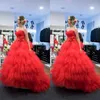 2019 Beautiful Red Prom Dresses Long Sweetheart Neckline Tiered Ruffles Skirt Floor Length Tradtional Evening Dresses with Hand-made Flower