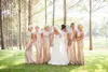 Neue glitzernde Rosegold-preiswerte Meerjungfrau-Brautjungfernkleider mit kurzen Ärmeln, rückenfrei, langes Strand-Pailletten-Hochzeitskleid, Champagner