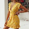 Fashion-night club robes Womens Floral Clubwear Wrap Dress Ladies Deep V-cou Ruffles Beach Mini Dress UK