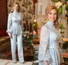 2020ズボンの2枚の母親のスーツのハイネックアップリケレース結婚式ゲストガウン長袖足首長さサテンマザードレス