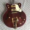 Loja personalizada. Faca oca guitarra elétrica de jazz, hardware de ouro. Cor vermelha gitaar, sistema de vibrato guitarra