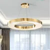 Kreis-LED-Leuchter-Beleuchtung für Wohnzimmer Gold-Moderne hängende Kristalllampe Schlafzimmer Polierte Stahlring Lustres De Cristal MYY