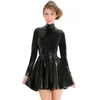 Mini robe à col roulé en PVC pour femmes, 6XL, haute qualité, Sexy, moulante, robe patineuse plissée, manches longues, fermeture éclair au dos, tenue de club de Performance