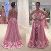 Fancy Hot Pink Long Sleeve Prom Dresses With Detachable Train Lace Applique Sheer Jewel Neck Illusion Bodice Formal Dresses Evening Wear