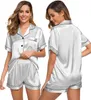 Summer Sexy Women Lenceria Silk Satin Pamas Set Two-Piece Sleepwear Nightwear Loungewear Button-Down PJ SETS