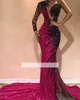 Prachtige fuchsia lovertjes zeemeermin prom jurken schede een schouder Backless Sweep Train pailletten Sexy Sparkly Formal Farty -jurken