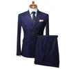 Hommes costume 2021 bleu profond rayure Double boutonnage hommes costumes avec pantalons gilets pour mariage marié 3 pièces ensemble affaires homme porter Plus1