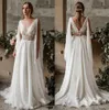 Sexy V Neck A Line Wedding Dresses Chiffon Boho Tulle Lace Applique Sweep Train Summer Beach Wedding Bridal Gowns robe de mariage