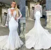 Abito da sposa sexy a sirena collo alto maniche lunghe abiti da sposa in pizzo con applicazioni increspato Sweep Train Custom Made Vestidos De Novia vendita calda