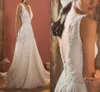 2020 Modern Flowers Lace Sheath Bohemian Wedding Dresses Deep V-neck Bling Beaded Open Back Ruched Wedding Reception Dress Beach Summer