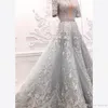 Luxury Zuhair Murad 2020 Evening Dresses Lace Applique Beads Sweep Train Silver A Line Prom Gowns Crystal Short Sleeve Party Formal Dress