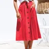 Summer High Waist Women Skirts Mid-Calf with Buttons Lady Bodycon Loose A-Line Midi Skirt Pockets 2019