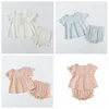 Niños bebés fija de verano de manga corta T camisa cortocircuitos 2pcs sólido de la manera Traje volante Algodón 2020 Nuevo Diseño Boutique de la ropa Establece ZYQ352