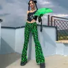 Noir néon vert pantalons longs mode taille élastique pantalon évasé 2020 automne Streetwear vert flamme imprimé pantalon évasé pour les femmes