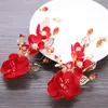 Fiore rosso cinese Sposa Perni per capelli Copricapo Gioielli per capelli Donna Ragazza Forcina Tiara Barrette Accessori per capelli da sposa