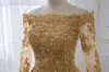 2019 lange mouwen gouden jurk van de schouder vestidos de fiesta applique kristal kralen pailletten ruches prom jurken baljurken formele jurk