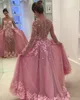 Fancy Hot Pink Long Sleeve Prom Dresses With Detachable Train Lace Applique Sheer Jewel Neck Illusion Bodice Formal Dresses Evening Wear