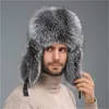 Heren Echt Vossenbont en echt lederen Hoed Russische Ushanka Winter Warm Aviator Trapper Bomber Ski Oorbeschermers Cap252h