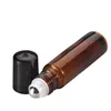 Yüksek Kaliteli 300pcs / lot 10 ml Cam Roll-On Uçucu Yağlar Amber İçin Paslanmaz Çelik Silindir Topu ile Şişeler