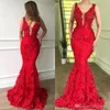 Nuovo arrivo Sexy Red Mermaid Prom Dresses Scollo a V Illusion Appliques in pizzo Lungo Sheer Back Abito formale Abiti da sera da sera robes de mari￩e