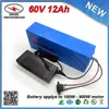 Batteries au lithium 900W 60 volts 60V 12Ah pour scooter de vélos électriques avec 18650 cellules 16S 15A BMS + chargeur