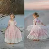 Rosa Bohemian Flower Girl Dresses for Weddings Ruffle Lace Little Girls Pageant Dress Jewel Neck Short Sleeve First Holy Communion Dresses