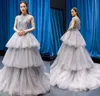 Tulle Tiered Prom Dresses Sheer High Neck Ball Gowns Sleeves Party Dresses Full Beading Sweep Train Formal Mother's Dress