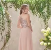 A-line Rose Gold Searsin Top Long Chifon Beach Druhna Sukienki kantarki Backless Rufls Blush Pink Maid of Honor Suknie DH5005