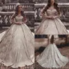 Dubai Arabic Luxury Champagne Lace Ball Gown Wedding Dresses Appliques Off Shoulder Satin Plus Size Wedding Dress Bridal Gowns robes de bal