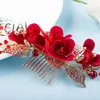 Peigne à cheveux à fleurs rouges entières, accessoires pour cheveux de bal de mariage, feuille d'or, peignes de mariée, couvre-chef pour femmes, bijoux 210H