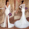 Vestidos de novia de sirena de manga larga modestos de encaje árabe con cuello en V con apliques de tren de barrido vestidos de novia Split Kitty Chen Vestidos formales222T