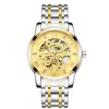 Chenxi relógio masculino mecânico automático, mostrador dourado, à prova d'água 001, pulseira de aço inoxidável, redondo, turbilhão