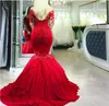 Sexig Sheer Lace Appliques Slim Mermaid Red Afton Klänningar 2020 Formell Slim Evening Party Gowns Special Occasion Party Dress Beaded Custom