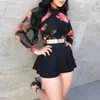 여성 패션 Boho O 넥 블랙 메쉬 파티 미니 romper 여성 꽃 프린트 메쉬 컷 아웃 다시 주름진 playsuit