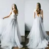 Dusty Blue Floral Wedding Dress With Tulle Skirt deep V-neck Bridal Gown Boho Bohemian Lorie Wedding Gowns Romantic Sleeveless Dress