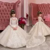 Modest Flower Long Sleeve Jewel Neck Applique Button Sequins Wedding Party Floor Length Tulle Lace Princess Girl Dress