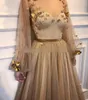 Moda oro lungo vintage giulietta maniche abiti da ballo organza collo trasparente 3D appliqued floreale abiti da cerimonia formale 2019 abito da sera