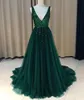 Sexig V-ringning A-Line Long Evening Dresses Seqin Pärled Zipper Back Formal Evening Gowns Plus Size Prom Dresses Vestido de Noche DH4280