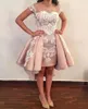 2019 Novo Padrão Blush Rosa Curto Vestidos de Baile Sobrecarga Sheer Neck Illusion Voltar Marfim Lace Appliqued Overskirt Cocktail Party Vestidos