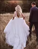 Batı Ülke Saten Tül A-Line Gelinlik 2019 Bohemian Basit Backless Gelinlikler Artı Boyutu Yay ile Ucuz Abiti Da Sposa