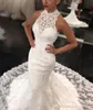 Dubai Arabic African New Arrival Mermaid Wedding Dresses Crystal High Neck Lace Applique Chapel Train Wedding Dress Bridal Gown Custom