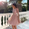 Robe de Cocktail plissée pour femmes, Sexy, dos nu, bijou, col transparent, manches longues, paillettes, élégante, 321f