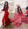 2023 New Red Bling V Neck Mermaid Prom Dresses with Long Sleeve For Black Girls Sexy High Split Evening Dresses Court Train 989