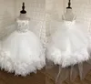 Luxurious Real Feathers Pearls Embroidery Flower Girl Dresses With Big Bow Spaghetti Lace-up Prom Evening Dress Toddlers Pageant Dress Girls