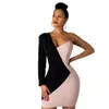 Nieuwste hete dames bandage bodycon lange mouw patchwork één schouder avondfeest club korte elegante mini-jurk