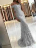 2020 Arabische zeemeermin zilveren avondjurken off Shoulder Full Lace Applique Beaded Sash Sweep Trein Plus Size Dubai Prom Partyjurken Custom