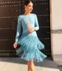 Light Sky Blue Satin Cocktail Party Jurken 2020 Lange Mouwen Cut Out Tassel Schede Knielengte Korte Prom Dresses