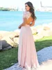Elegant brudtärna klänning rosa öppen baksida kortärmad spets topp en linje chiffon piga av ära klänningar för strand bröllop gäster
