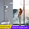 Goldenes weißes Bad-Brausebatterie-Wasserhahn-Regen-Badezimmer-Brausegarnitur-Einzelgriff-Ware-Regal-Mischer-Ventil-Duscharmatur-Hahn